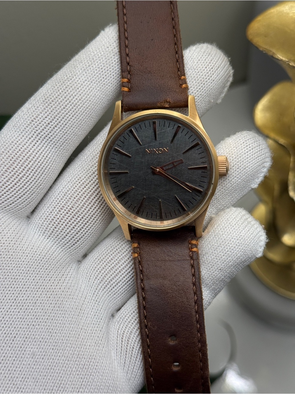 Nixon sentry Rose Gold Case Brown Leather Strap Watch with Black dial Mens Watch
